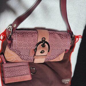 Coach Soho Light Burgundy Signature Fabric & Suede Handbag and Coin / Card Purse